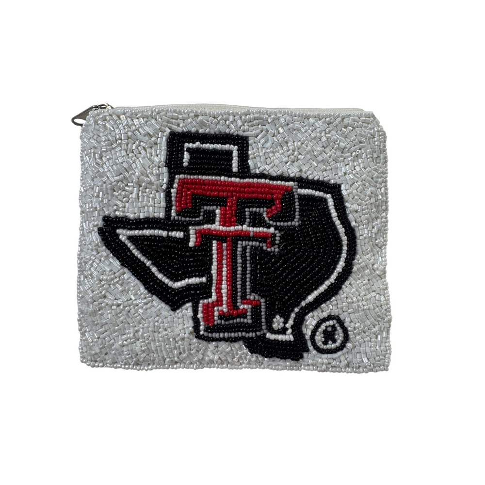 Texas Tech Red Raiders Beaded Coin Purse Shirdee Double T Logo Zipper Pouch Whit